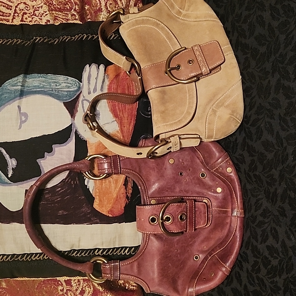TWO Coach Women's Brown Leather AdjustableStrap Lightweight Shoulder Handbags